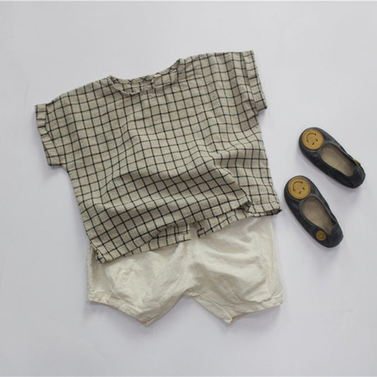 -キッズ コットンリネン チェック 半袖シャツ - mamahalo shop - 半袖シャツ・ブラウス -  べビー服 - 子供服 - 男の子 - 女の子