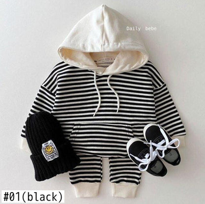 -ベビー ボーダー スウェット セットアップ フーディ トップス パンツ - mamahalo shop - 長袖セットアップ -  べビー服 - 子供服 - 男の子 - 女の子