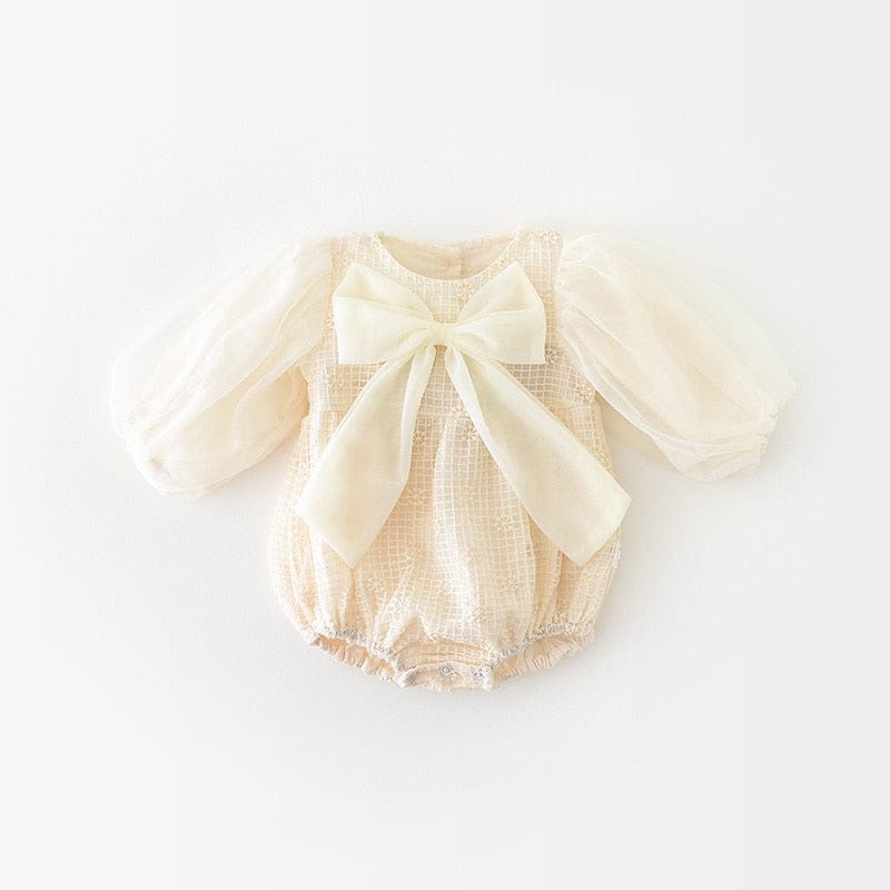 長袖ロンパース Beige / 6M 66cm ベビー チェック メッシュ チュチュ リボン 長袖 ロンパース【mh0000911】