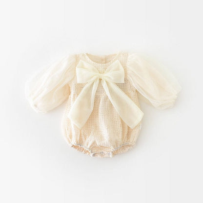 長袖ロンパース Beige / 6M 66cm ベビー チェック メッシュ チュチュ リボン 長袖 ロンパース【mh0000911】