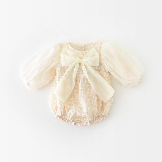 長袖ロンパース Beige / 6M 66cm ベビー チェック メッシュ チュチュ リボン 長袖 ロンパース【mh0000911】