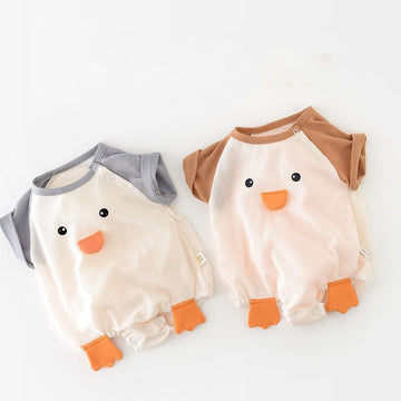 半袖ロンパース ベビー ワッフル ペンギン 足つき 半袖 パッチワーク ロンパース【mh0001648】