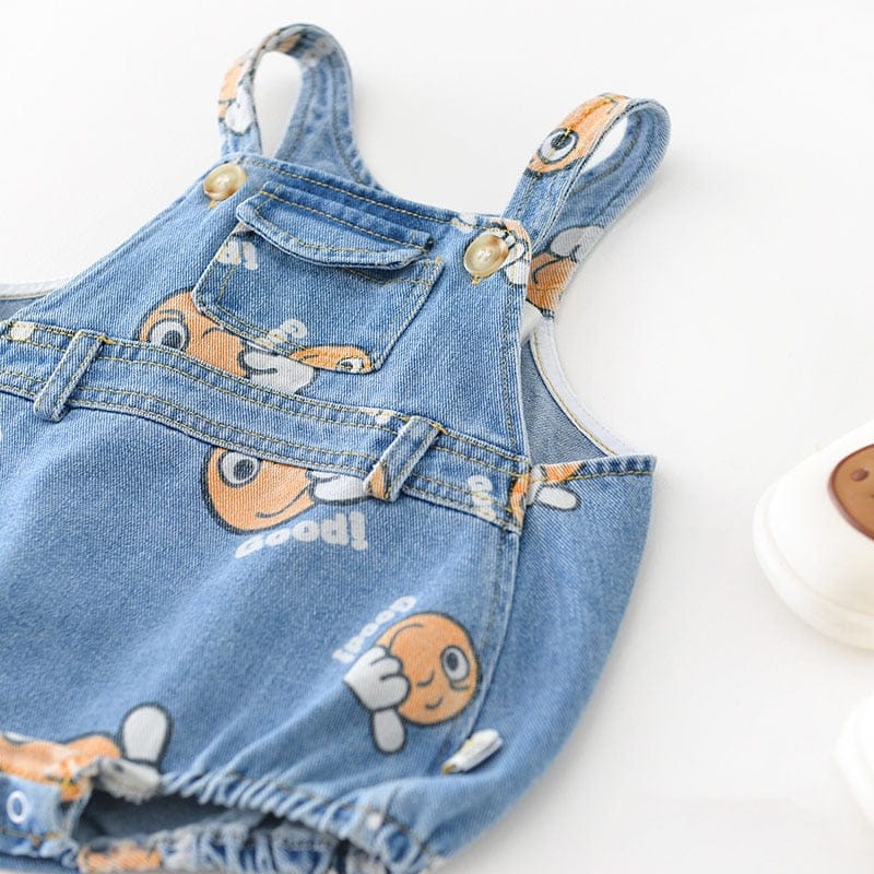 オーバーオール ベビー プリント デニム オーバーオール サスペンダー ロンパース 帽子 セット【mh0001759】