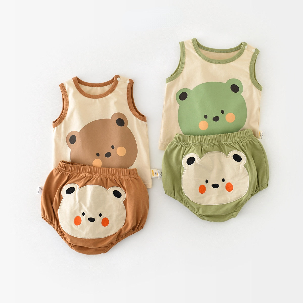 ノースリーブセットアップ ベビー キッズ くま ベア セットアップ タンクトップ ブルマパンツ コーヒーブラウン グリーン ボーイズ【mh0002241】