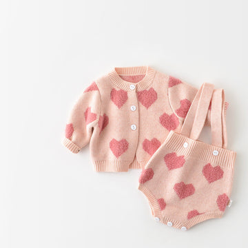 ロンパースセットアップ Pink / 6M 66cm ベビー ニット セット ハート セットアップ  ロンパース カーディガン【mh0000365】