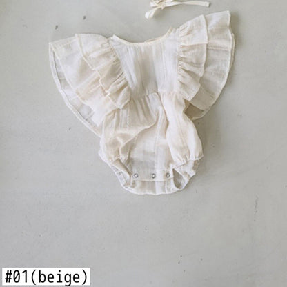-ベビー ラッフルフリル バタフライスリーブ フラワー 無地 ロンパース - mamahalo shop - 半袖ロンパース -  べビー服 - 子供服 - 男の子 - 女の子