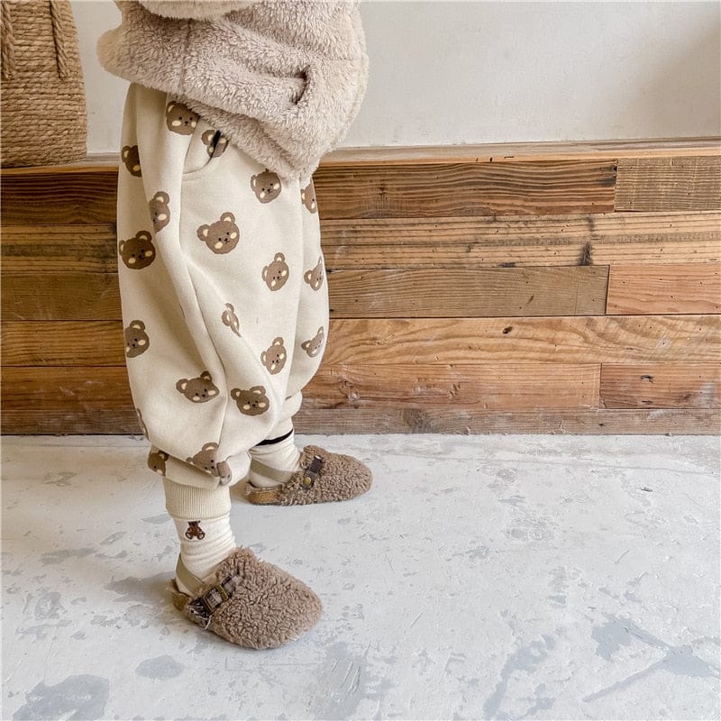 ロングパンツ・スウェットパンツ キッズパンツ 裏起毛 スウェットロングパンツ ベアくまプリント ベージュ/ブラウン/2カラー【mh0000109】