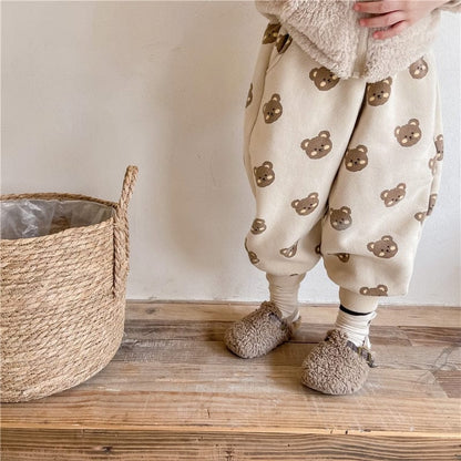 ロングパンツ・スウェットパンツ キッズパンツ 裏起毛 スウェットロングパンツ ベアくまプリント ベージュ/ブラウン/2カラー【mh0000109】
