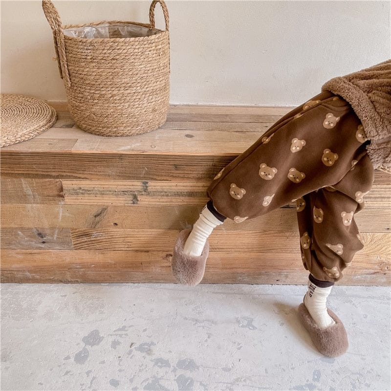 ロングパンツ・スウェットパンツ キッズパンツ 裏起毛 スウェットロングパンツ ベアくまプリント ベージュ/ブラウン/2カラー【mh0000109】