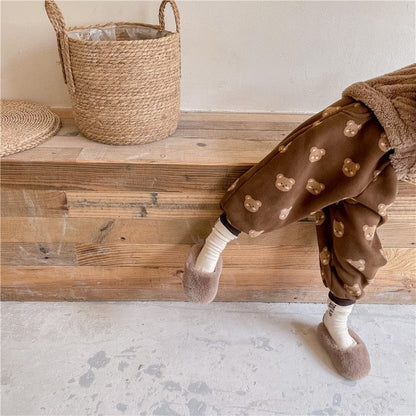 ロングパンツ・スウェットパンツ キッズパンツ 裏起毛 スウェットロングパンツ ベアくまプリント ベージュ/ブラウン/2カラー【mh0000109】