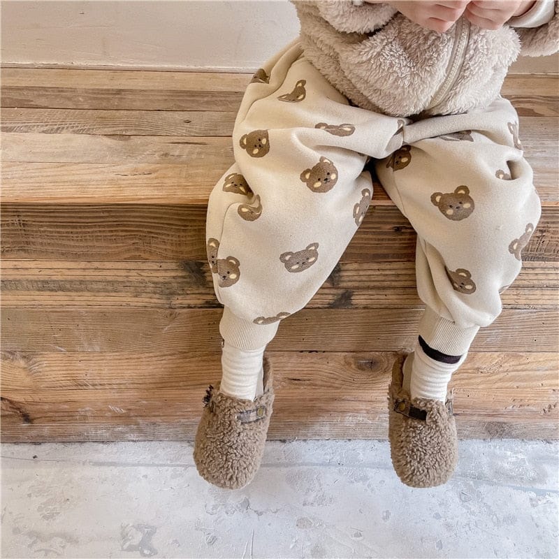 ロングパンツ・スウェットパンツ キッズパンツ 裏起毛 スウェットロングパンツ ベアくまプリント ベージュ/ブラウン/2カラー【mh0000109】