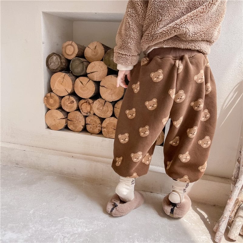 ロングパンツ・スウェットパンツ キッズパンツ 裏起毛 スウェットロングパンツ ベアくまプリント ベージュ/ブラウン/2カラー【mh0000109】