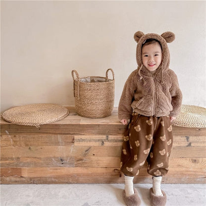 ロングパンツ・スウェットパンツ キッズパンツ 裏起毛 スウェットロングパンツ ベアくまプリント ベージュ/ブラウン/2カラー【mh0000109】