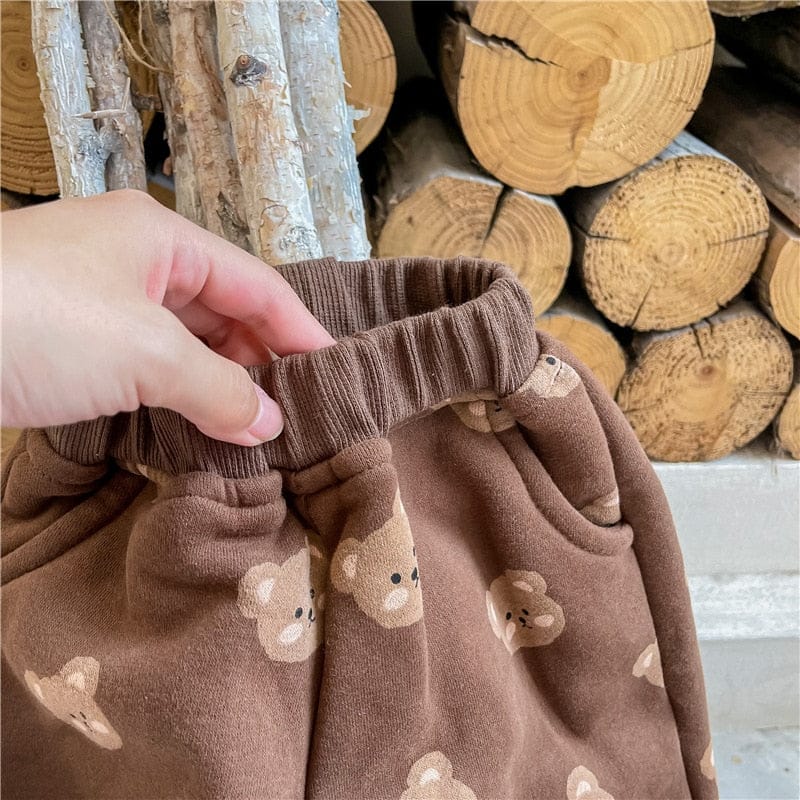 ロングパンツ・スウェットパンツ キッズパンツ 裏起毛 スウェットロングパンツ ベアくまプリント ベージュ/ブラウン/2カラー【mh0000109】