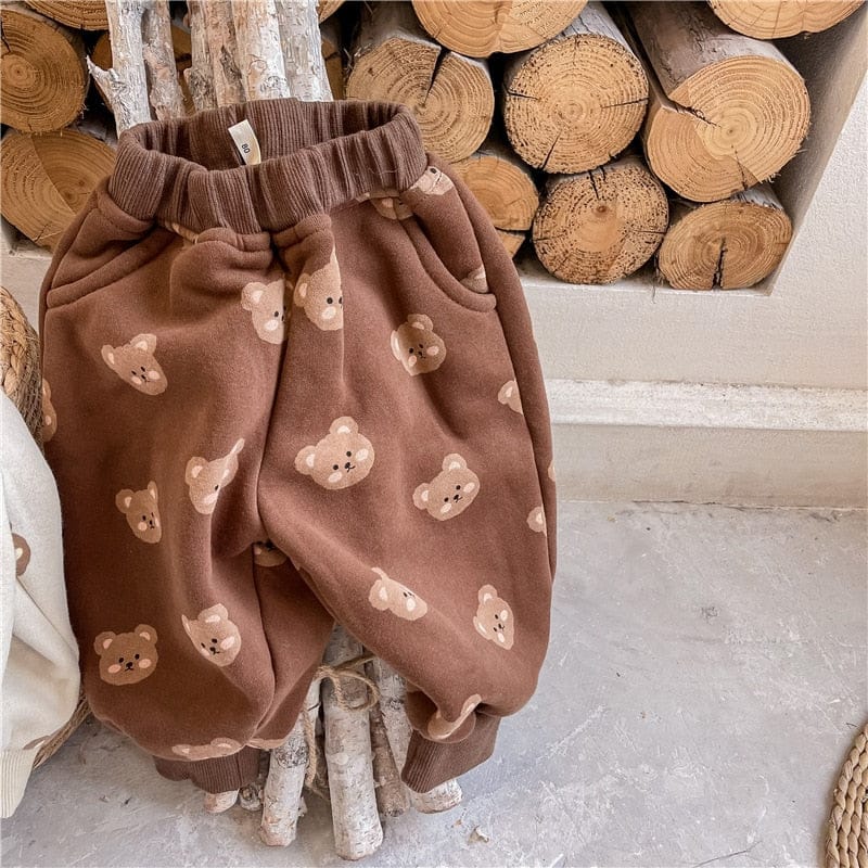 ロングパンツ・スウェットパンツ キッズパンツ 裏起毛 スウェットロングパンツ ベアくまプリント ベージュ/ブラウン/2カラー【mh0000109】