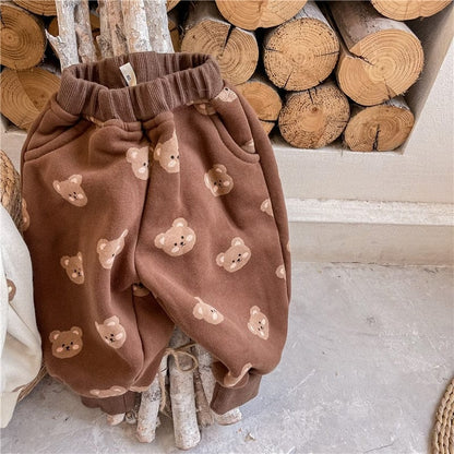 ロングパンツ・スウェットパンツ キッズパンツ 裏起毛 スウェットロングパンツ ベアくまプリント ベージュ/ブラウン/2カラー【mh0000109】