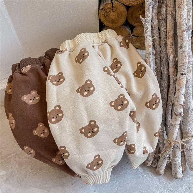 ロングパンツ・スウェットパンツ キッズパンツ 裏起毛 スウェットロングパンツ ベアくまプリント ベージュ/ブラウン/2カラー【mh0000109】