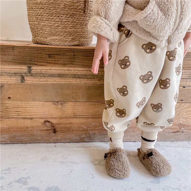 ロングパンツ・スウェットパンツ キッズパンツ 裏起毛 スウェットロングパンツ ベアくまプリント ベージュ/ブラウン/2カラー【mh0000109】