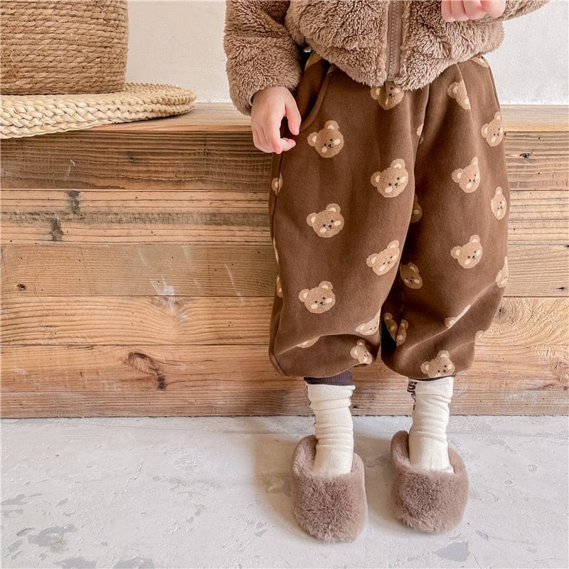 ロングパンツ・スウェットパンツ キッズパンツ 裏起毛 スウェットロングパンツ ベアくまプリント ベージュ/ブラウン/2カラー【mh0000109】