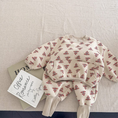 長袖セットアップ Beige / 12M 80cm キッズ フラワー スウェット 裏ボアフリース セットアップ トップス パンツ【mh0001393】