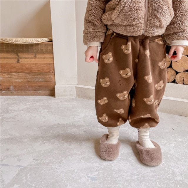 ロングパンツ・スウェットパンツ Brown / 12M 80cm キッズパンツ 裏起毛 スウェットロングパンツ ベアくまプリント ベージュ/ブラウン/2カラー【mh0000109】