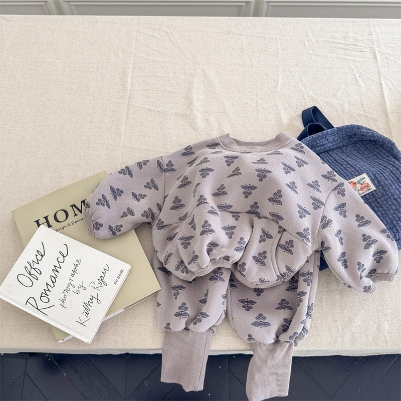 長袖セットアップ Gray / 12M 80cm キッズ フラワー スウェット 裏ボアフリース セットアップ トップス パンツ【mh0001393】