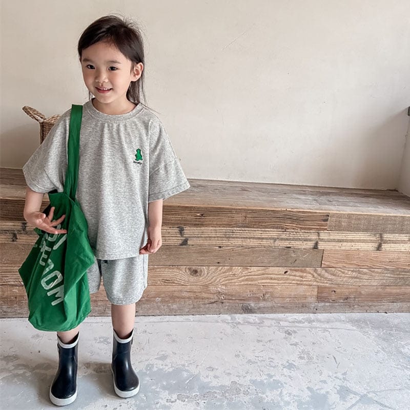 半袖セットアップ Gray / 12M 80cm キッズ ダイナソー 恐竜 ワンポイント セットアップ 半袖 Tシャツ ハーフパンツ【mh0000881】