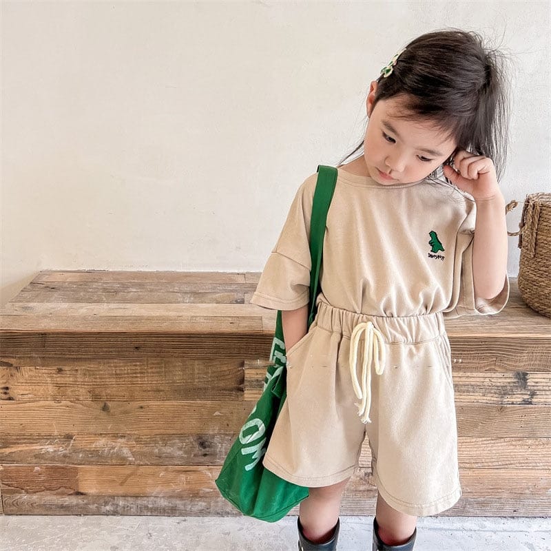 半袖セットアップ Khaki / 12M 80cm キッズ ダイナソー 恐竜 ワンポイント セットアップ 半袖 Tシャツ ハーフパンツ【mh0000881】