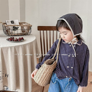 長袖シャツ・ブラウス キッズ チェック ダブルボタン 長袖 ルーズ シャツ ブラウス【mh0001290】