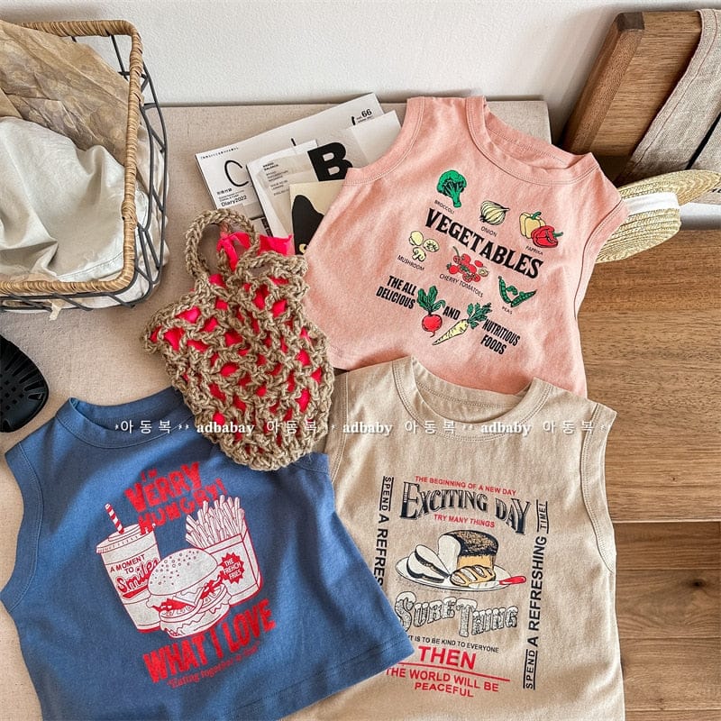 タンクトップ・キャミソール・ノースリーブトップス キッズ レターロゴ プリント タンクトップ ノースリーブ Tシャツ カーキ ブルー ピンク ユニセックス【mh0002050】