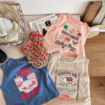 タンクトップ・キャミソール・ノースリーブトップス キッズ レターロゴ プリント タンクトップ ノースリーブ Tシャツ カーキ ブルー ピンク ユニセックス【mh0002050】