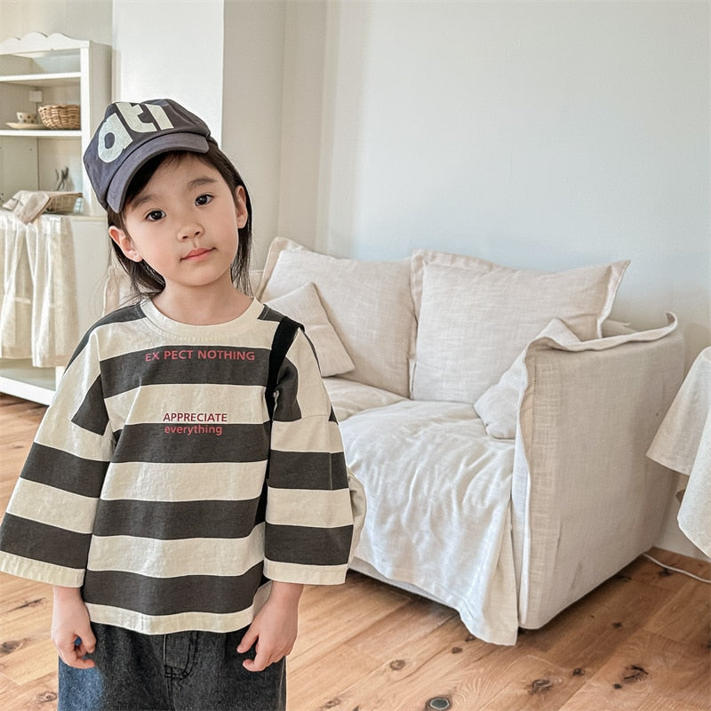 長袖Tシャツ Dark Gray / 12M 80cm キッズ 太ボーダー レターロゴ 長袖 Tシャツ トップス【mh0001287】