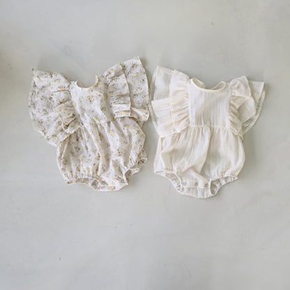 -ベビー ラッフルフリル バタフライスリーブ フラワー 無地 ロンパース - mamahalo shop - 半袖ロンパース -  べビー服 - 子供服 - 男の子 - 女の子