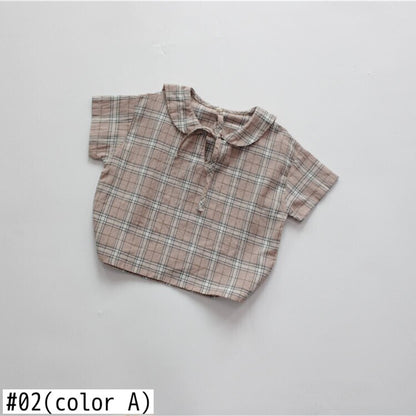-キッズトップス セーラーカラー チェック リボン 半袖ブラウス - mamahalo shop - 半袖シャツ・ブラウス -  べビー服 - 子供服 - 男の子 - 女の子