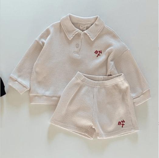 長袖セットアップ Beige / 12M 80cm キッズ レターロゴ セットアップ 長袖 ポロシャツ ショートパンツ【mh0001591】
