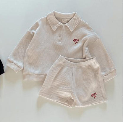 長袖セットアップ Beige / 12M 80cm キッズ レターロゴ セットアップ 長袖 ポロシャツ ショートパンツ【mh0001591】