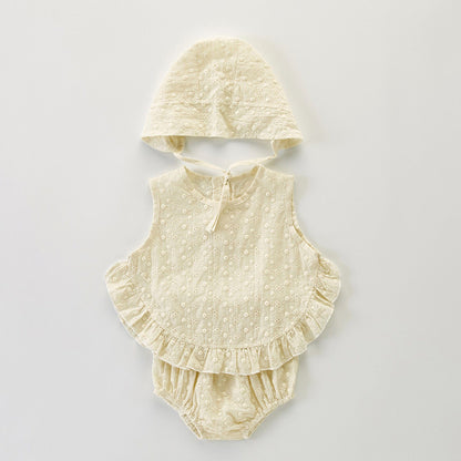 ノースリーブセットアップ Beige / 66cm ベビー セットアップ ノースリーブ ブラウス ブルマ パンツ ボンネット 帽子【mh0000739】