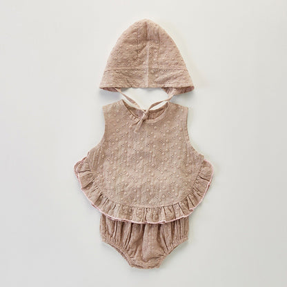 ノースリーブセットアップ Light Brown / 66cm ベビー セットアップ ノースリーブ ブラウス ブルマ パンツ ボンネット 帽子【mh0000739】