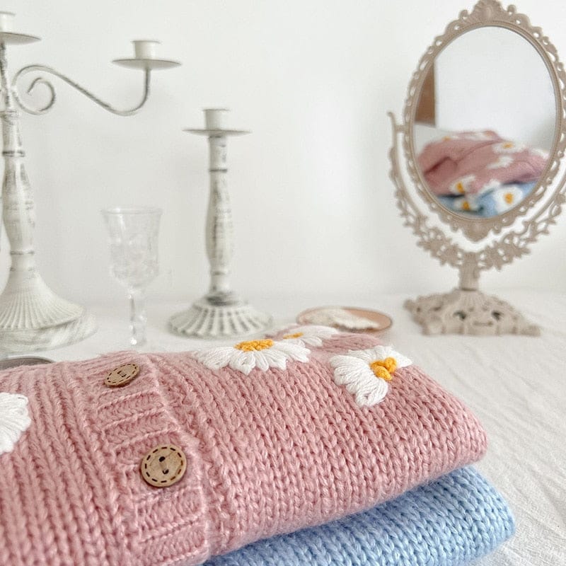 カーディガン・パーカー ベビー デイジー フラワー 刺繍 ニット カーディガン【mh0001482】