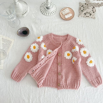 カーディガン・パーカー ベビー デイジー フラワー 刺繍 ニット カーディガン【mh0001482】