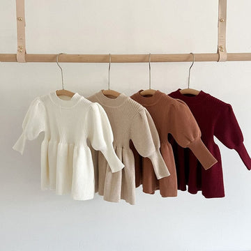 長袖ワンピース ベビー キッズ ニット パフスリーブ ワンピース ドレス【mh0001485】