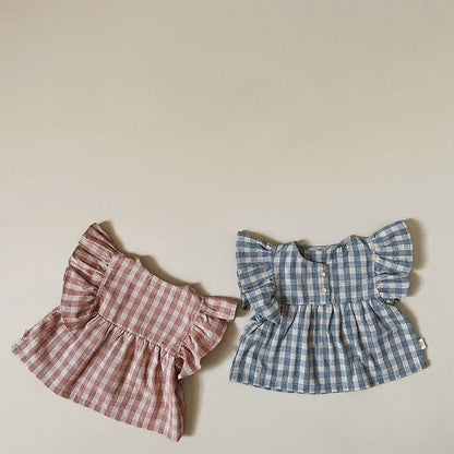 半袖セットアップ ベビー セットアップ チェック フリルスリーブ ブラウス トップス ブルマパンツ【mh0001841】
