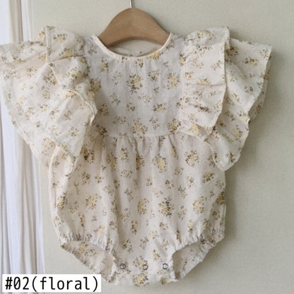 -ベビー ラッフルフリル バタフライスリーブ フラワー 無地 ロンパース - mamahalo shop - 半袖ロンパース -  べビー服 - 子供服 - 男の子 - 女の子