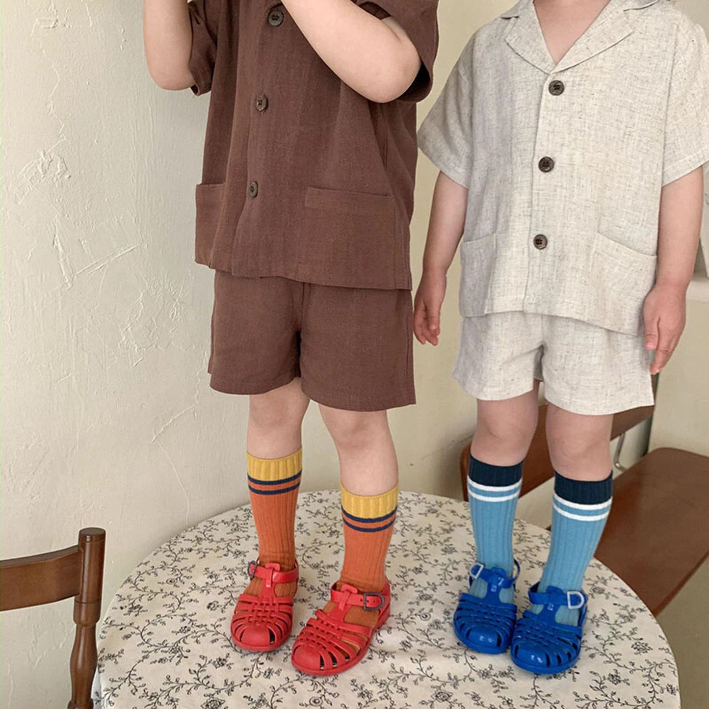 -☺︎ キッズ セットアップ 半袖シャツ ショートパンツ ベージュ/コーヒー/2カラー - mamahalo shop - 半袖セットアップ -  べビー服 - 子供服 - 男の子 - 女の子