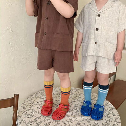 -☺︎ キッズ セットアップ 半袖シャツ ショートパンツ ベージュ/コーヒー/2カラー - mamahalo shop - 半袖セットアップ -  べビー服 - 子供服 - 男の子 - 女の子