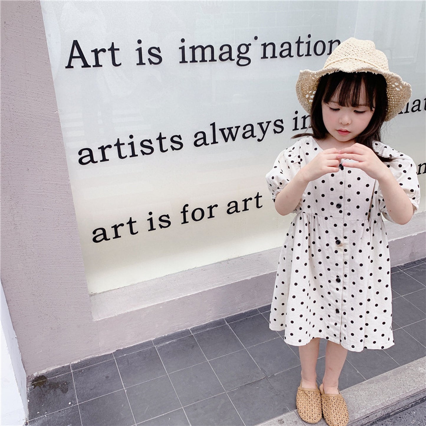 -キッズ コットンリネン 水玉 ワンピース【mh0000528】 - mamahalo shop - 半袖ワンピース -  べビー服 - 子供服 - 男の子 - 女の子