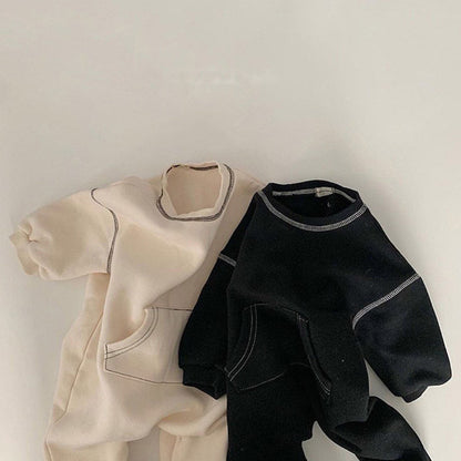 -ベビーロンパース ステッチ長袖ジャンプスーツ 2カラー - mamahalo shop - 長袖ロンパース -  べビー服 - 子供服 - 男の子 - 女の子