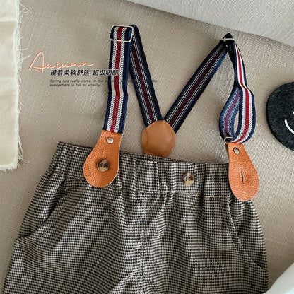 -ベビー セットアップ リボン シャツ チェック サスペンダー パンツ お出かけ【mh0000424】 - mamahalo shop - 長袖セットアップ -  べビー服 - 子供服 - 男の子 - 女の子