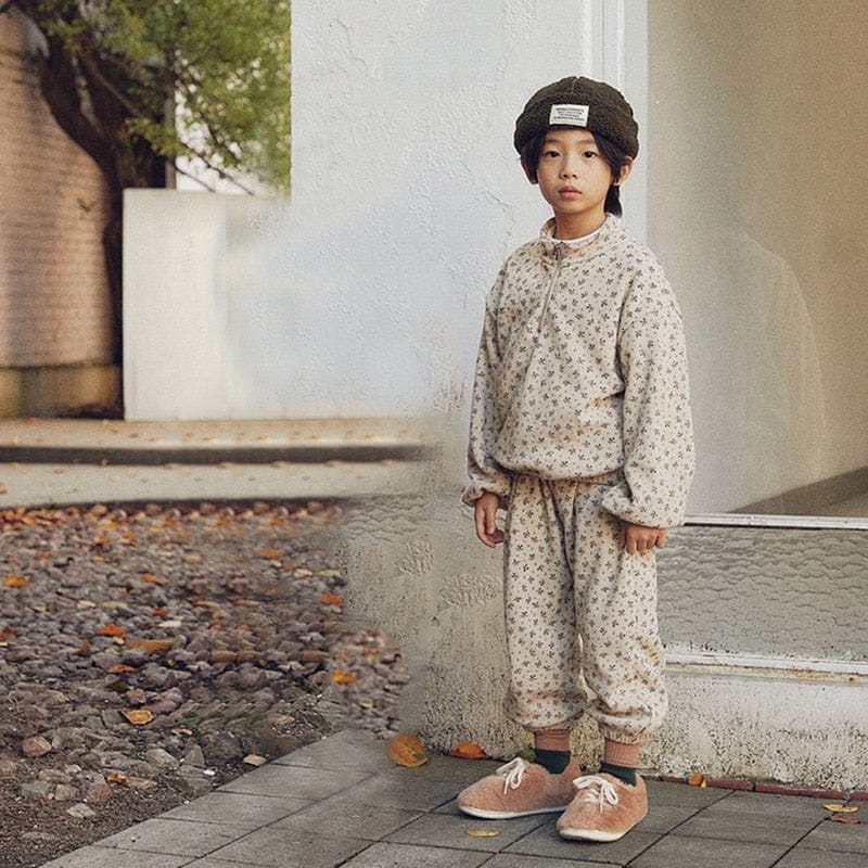 長袖セットアップ Beige / 12M 80cm キッズ セットアップ ハーフジップ フラワー スウェット トップス パンツ【mh0001009】