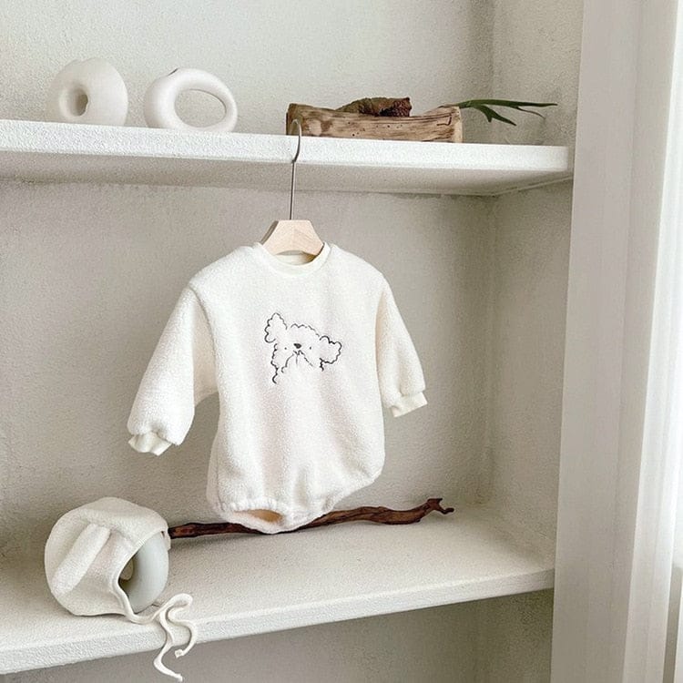 長袖ロンパース Beige / 6M 66cm ベビー プードル 犬 ボア フリース  長袖 ロンパース 耳帽子 セット【mh0001104】